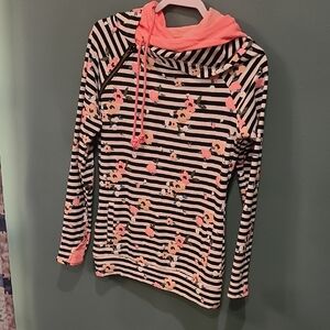 AMPERSAND AVE Striped Floral Hoodie - Black, White, Pink